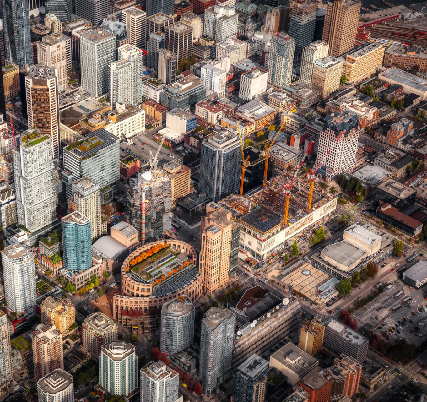 A view of Vancouver B.C.'s highrises and tower cranes.