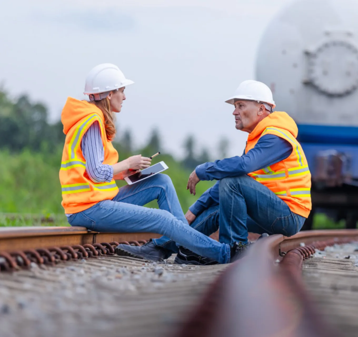 Two workers talk on a railroad track.