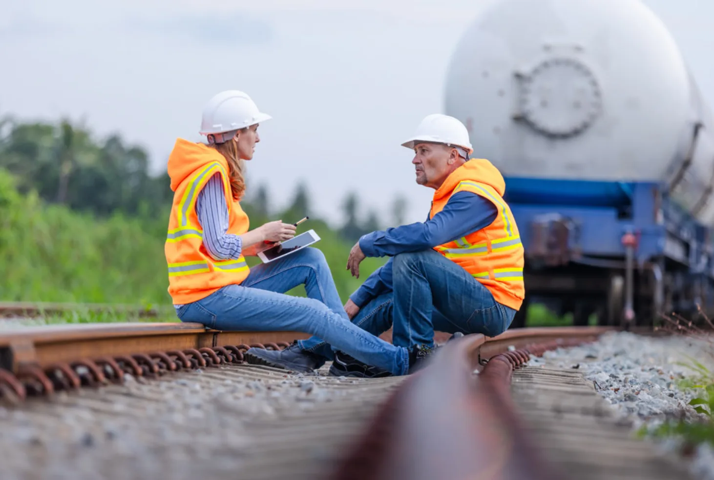 Two workers talk on a railroad track.