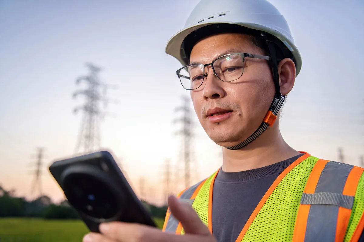 A worker wearing full PPE uses his phone.