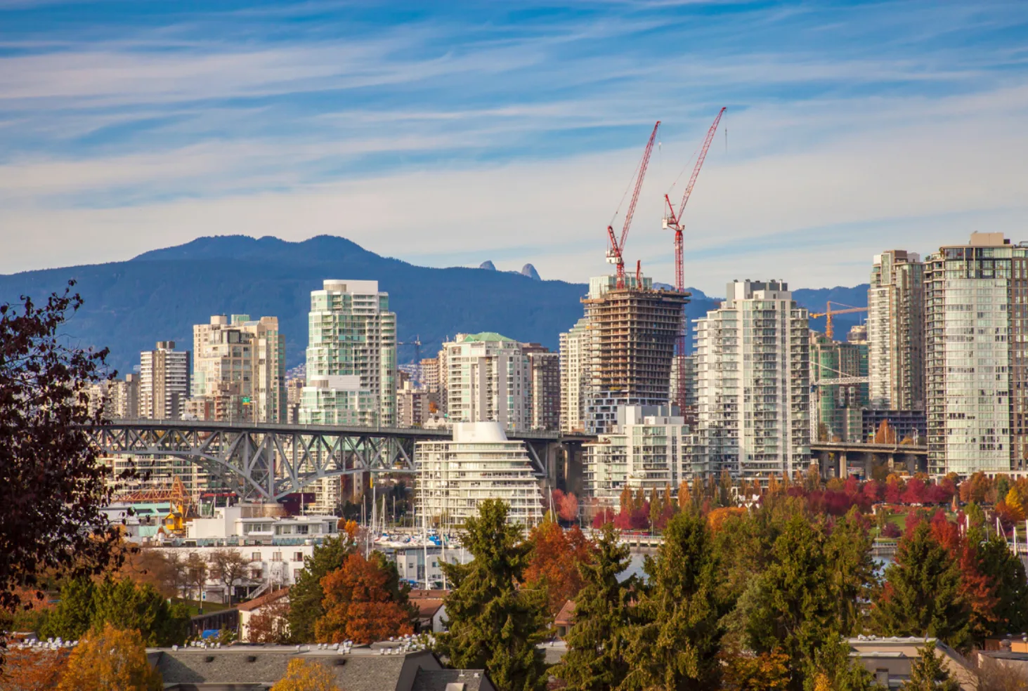 A view of the Vancouver downtown highrises and tower cranes with fall colours in the trees.