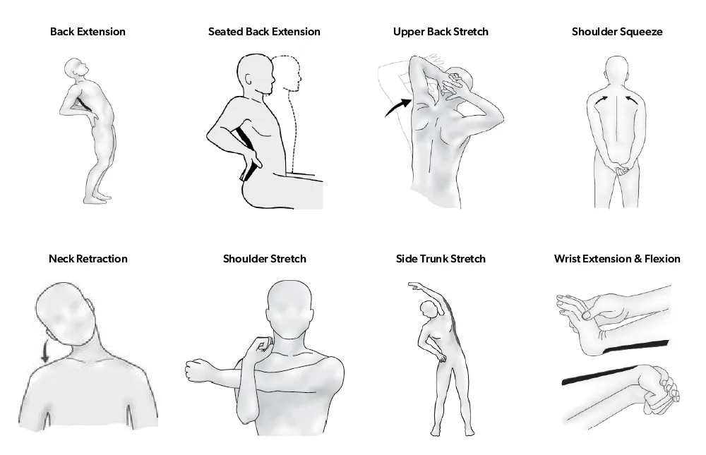 Images modeling various stretching excercises to prevent or reduce musculoskeletal injuries (MSIs).