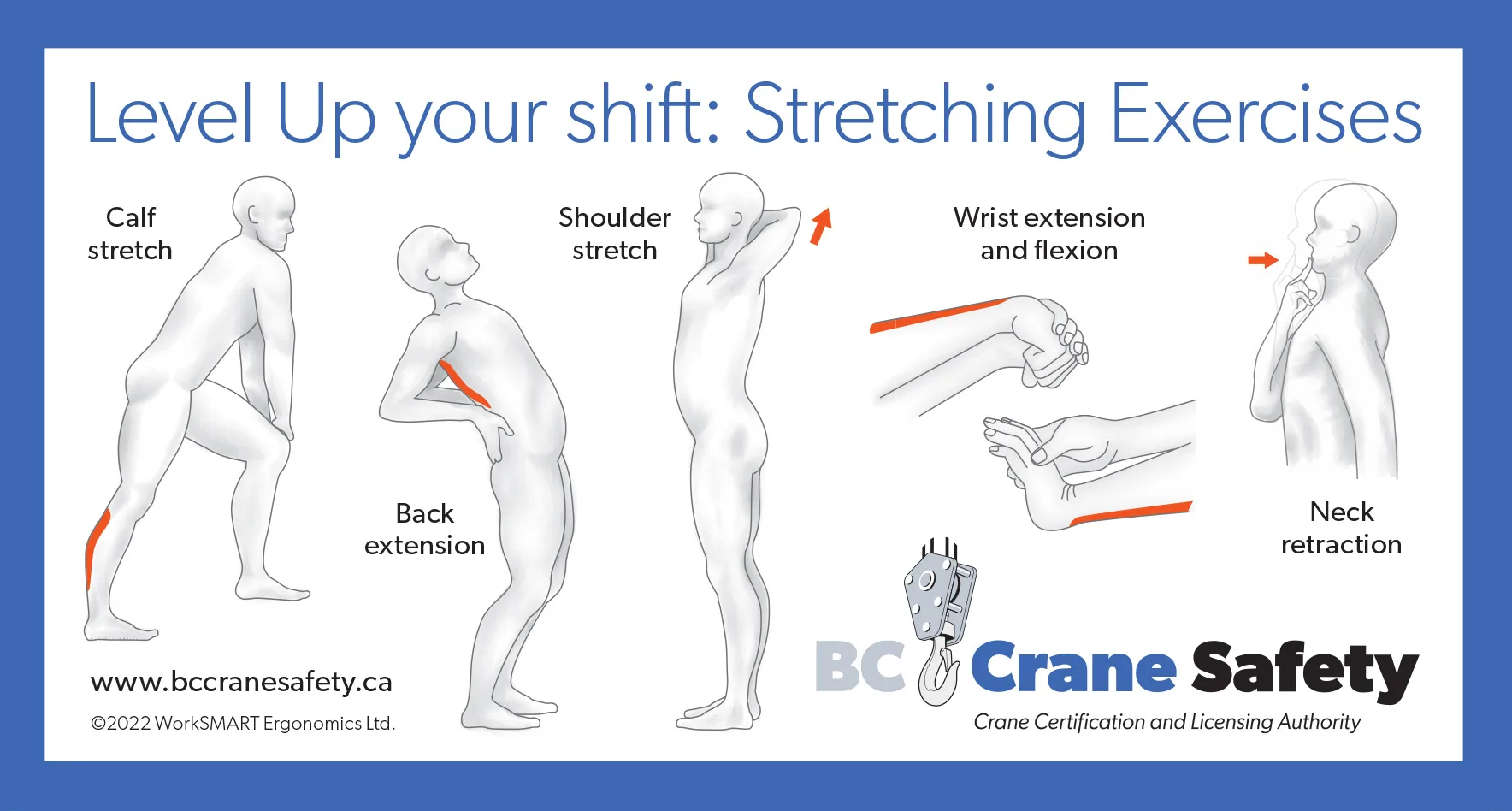 BC Crane Safety Level Up Your Shift Stretching Exercises magnet showing various ways to stretch.