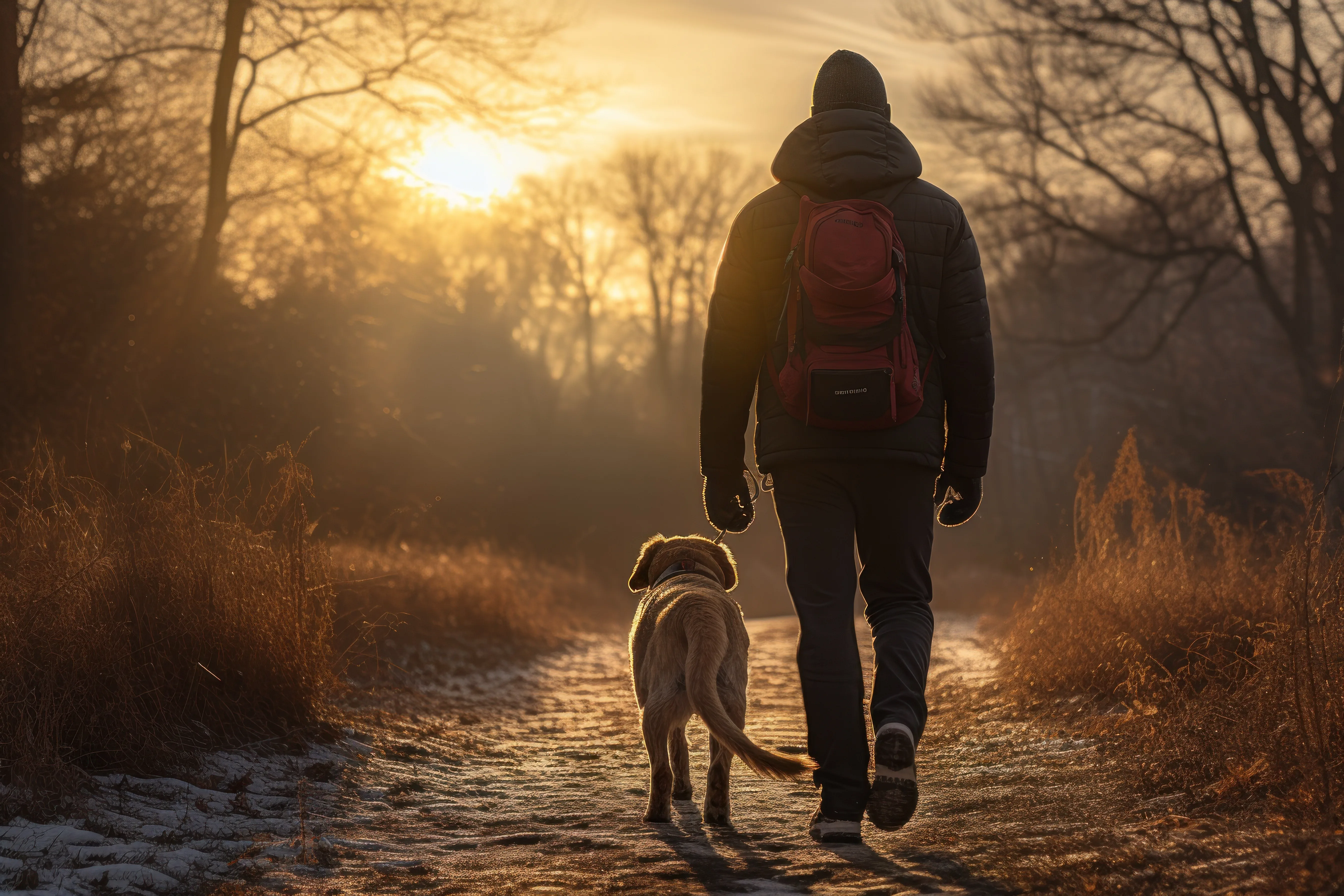 A man walking his dog on a cold winter afternoon.