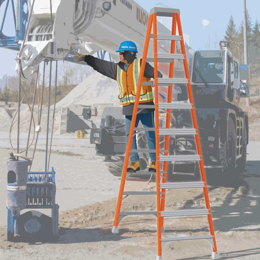Person on a ladder reaching over to the boom or a mobile crane in the Spring 2024 Newsletter